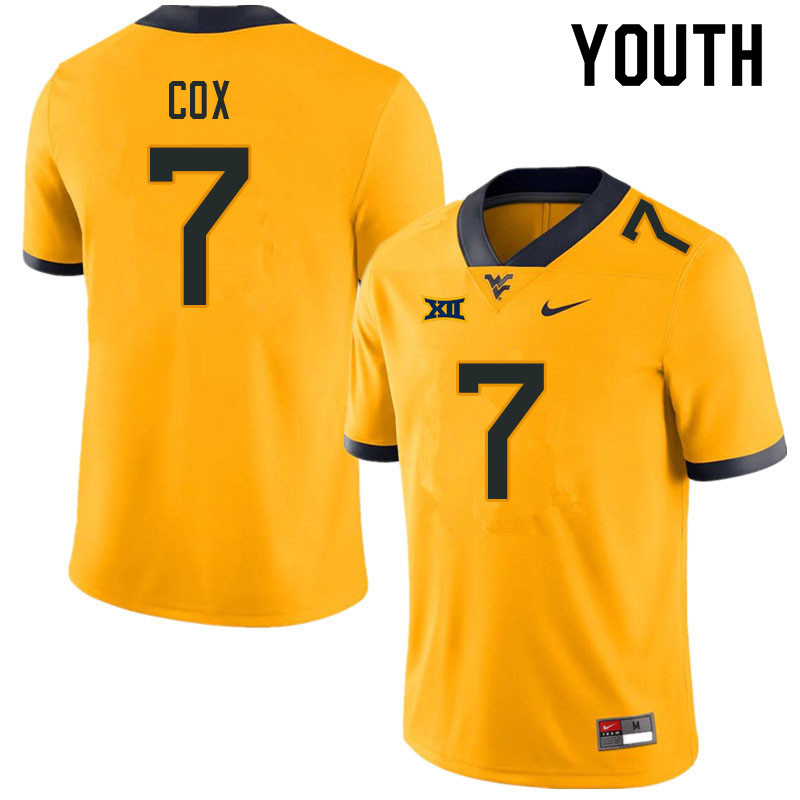 Youth #7 Jasir Cox West Virginia Mountaineers College Football Jerseys Sale-Gold - Click Image to Close